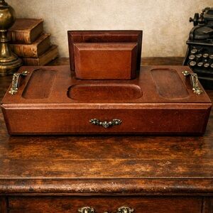 Vintage Solid Wood Desk Organizer Letter Holder w Drawer Brass Hardware